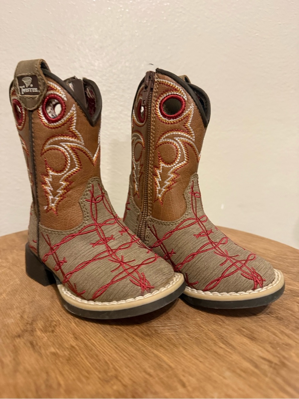 Twister Kids Brown & Tan Cowboy Boots with Red Stitching